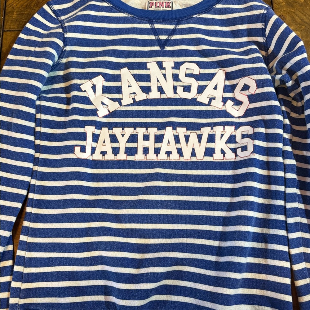 PINK Victoria Secret Blue and White Striped Kansas Jayhawks Sweatshirt - Picture 4 of 5
